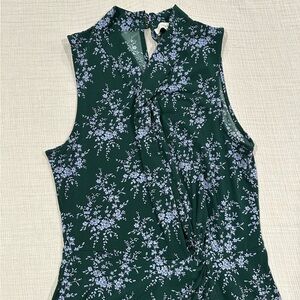 Lark & Ro • Floral Midi Dress Sleeveless • Dark Green & Pale Blue • High Collar